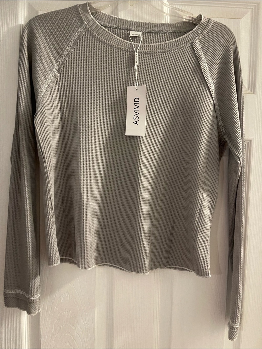 ASVIVID Women's Light Gray Waffle Knit Long-Sleeve Tee
